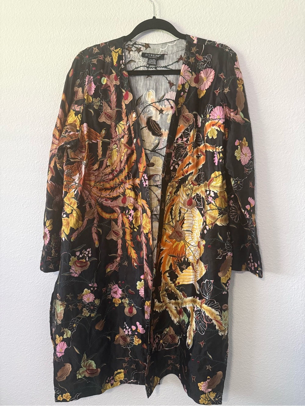 Citron Black Satin Embroidered Floral & Koi Open-Front Duster